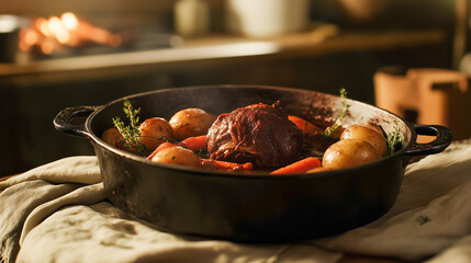 Home cooked beef with potatoes and vegetables in a traditional cast iron oven.