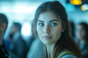 A beautiful woman looks directly at the viewer with soft expression