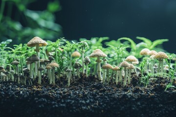 A laboratory microscope is shown in close-up as it examines a variety of mushrooms, emphasizing scientific research and exploration of fungal organisms