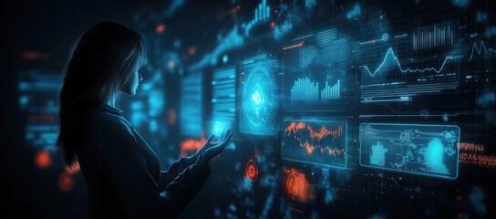Futuristic Digital Interface Businesswoman Analyzing Data Growth with Holographic Charts and Graphs in Cyberpunk Style