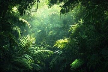Lush green tropical rainforest scene with sunlight filtering through leaves. Ideal for travel, nature, or adventure projects needing a jungle backdrop.