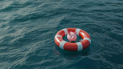 Naklejka premium A buoy in the sea water supports a pink piggy bank that is trying not to sink, illustrating the idea of investment failure and debt troubles