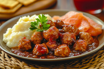 Traditional Swedish food on a beige plate, featuring meatballs nestled in gravy alongside mashed potatoes and salmon with lingonberry jam and a sprig of fresh parsley.