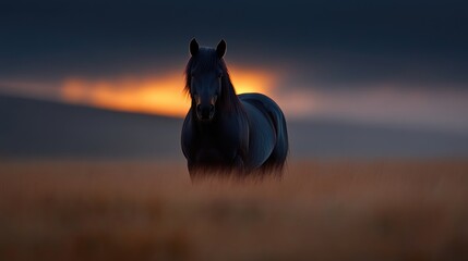 Majestic black horse in golden sunset field