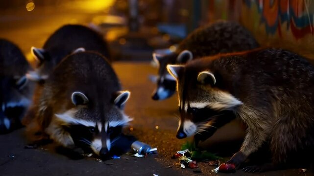 Various species foraging for food, such as raccoons rummaging through trash, showcasing survival strategies.
