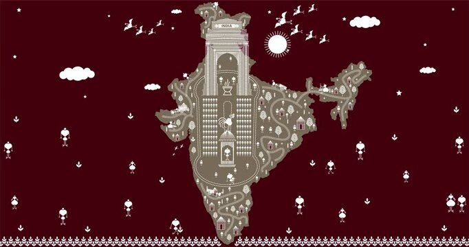 india map, india gate delhi, tribal kalcher, warli art map design, drawing , kachindo art, graphic design vector illustration gate of india 