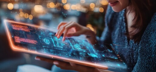 AI Chat Interaction on Tablet for Business Plans and Creative Ideas in Cyberpunk Futuristic Environment