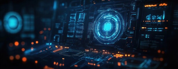 Obraz premium Futuristic Digital Interface Holographic Graphics Cyberpunk Technology AI Data Analysis Cybersecurity Growth Investment Digital Banking