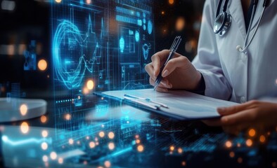 Futuristic Doctor Using AI Technology for Brain Disease Diagnosis in a Cyberpunk Medical Office