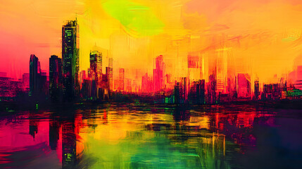 A cyber-inspired cityscape where towering neon structures appear to glitch and dissolve into fluid digital waves.
