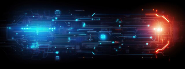 Futuristic Technology Circuit Board Digital Banner Blue Glow Cyberpunk Background Abstract Connection