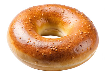 Golden brown sesame bagel on white background - Freshly baked sesame bagel with a golden brown crust, isolated on a white background, perfect for breakfast or bakery promotions.

