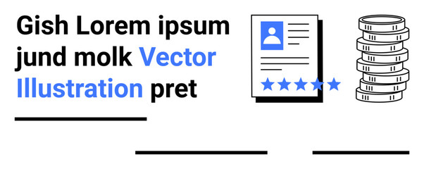 Resume with photo and star rating beside coin stacks, highlighting employment evaluation and salary concept. Ideal for recruitment, HR, finance, job search, career growth, reviews, simple landing