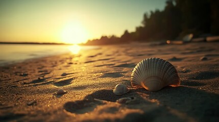 Shells on sand at sunset by ocean for summer vacation