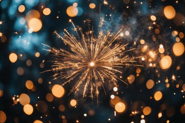 Fototapeta premium A Stunning Golden Sparkler Fireworks Display Against a Dark Night Sky with Bokeh Lights