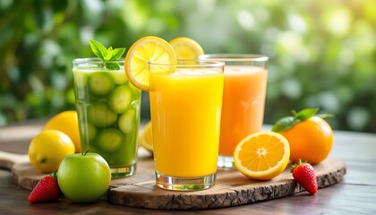 Three glasses of fresh juice with fruit slices and mint leaves on a wooden serving board outdoors
