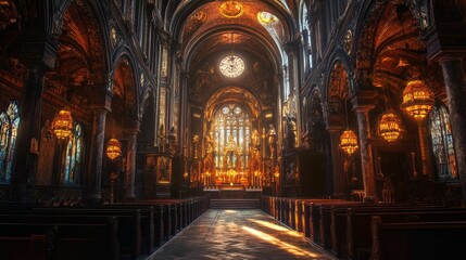 Fototapeta premium Ornate church interior filled with golden light.