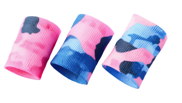 Three colorful camouflage patterned wristbands in pink, blue, and navy on a transparent background Concept of fashion accessory, sport, and vibrant style