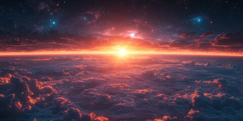 Naklejka premium Futuristic Digital Landscape 2025 Cyberpunk Earth from Space Neon Blue Sunrise Technology Innovation