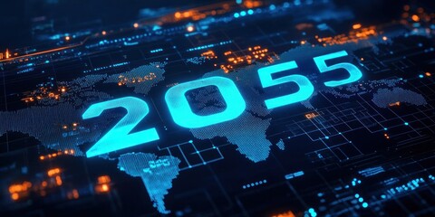 2025 futuristic digital illustration technology global connection neon blue typography map cyberpunk art
