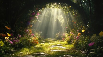 Sunlight streams through a flower-filled forest path