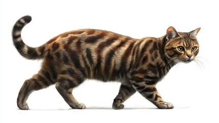 Striped tabby cat walking, brown and black fur. Perfect for pet, animal, or wildlife websites.