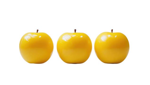 Three yellow apples in a row on a transparent background Concept of fruit, healthy eating, and food - Powered by Adobe