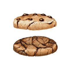 Watercolor illustration of two cookies with chocolate chips. Detailed drawing, appetizing shades. For sweets, baking, dessert. Suitable for printing on menus, packaging, for social networks