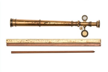 A white background showcases the ship captain's essential navigational tools, comprising a compass, compass, ruler, and protractor, representing concepts of travel, geography, navigation, tourism,