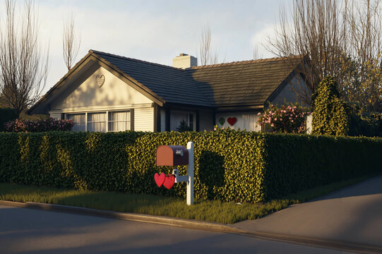 A house with heart-shaped decorations on the windows and mailbox, surrounded by a lush green hedge and vibrant flowers in the front yard.