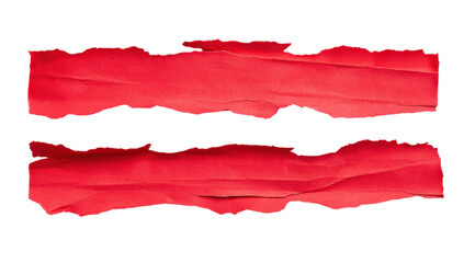 Two vibrant red torn paper strips on a transparent background, perfect for adding a textured, edgy, and artistic touch to graphic design projects