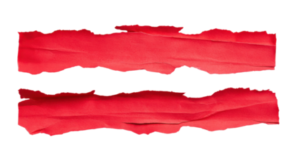 Two vibrant red torn paper strips on a transparent background, perfect for adding a textured, edgy, and artistic touch to graphic design projects