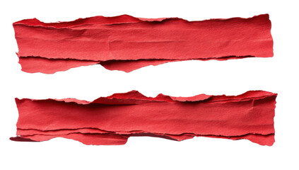 Two vibrant red torn paper strips on a transparent background, perfect for adding texture and a grunge effect to graphic design projects