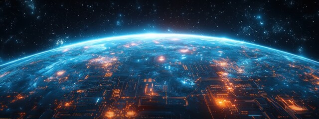 Obraz premium Futuristic Digital Earth Technology Global Network Concept Cyberpunk Abstract Blue Background