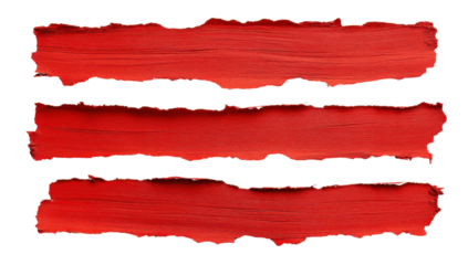 Three vibrant red torn paper strips on a transparent background, showcasing rough edges and textured surface for artistic design and creative projects