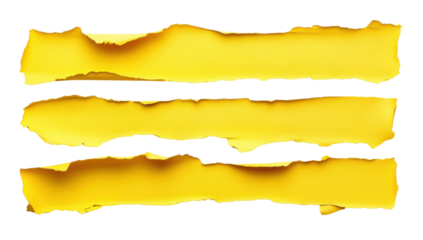 Three golden torn paper strips on a transparent background, perfect for adding texture and a vintage touch to graphic design projects