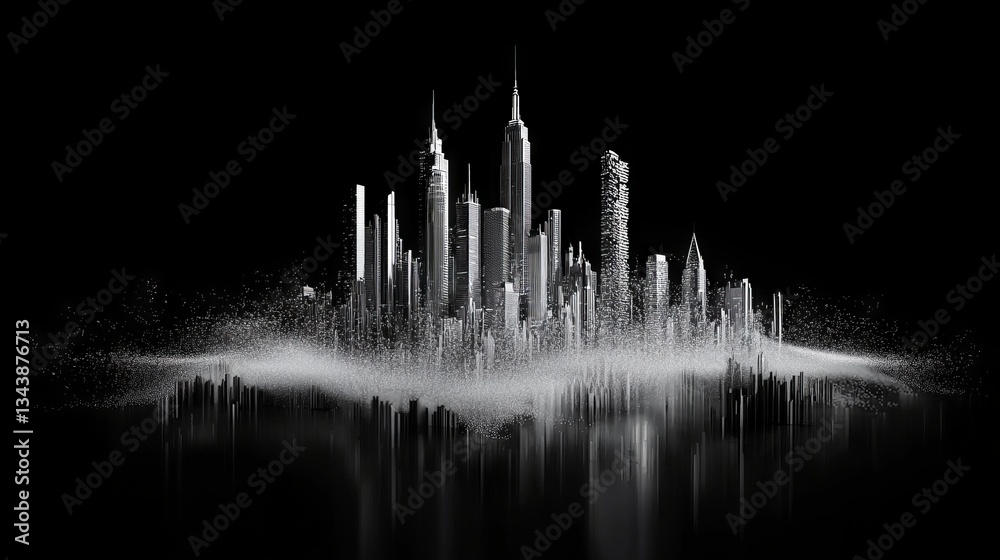 Poster a cityscape depicted in abstract digital form with white lines and dots