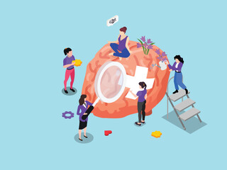 Isometric Mental Health Concept with Brain Repair and Self-Care Activities 3d flat vector illustrations