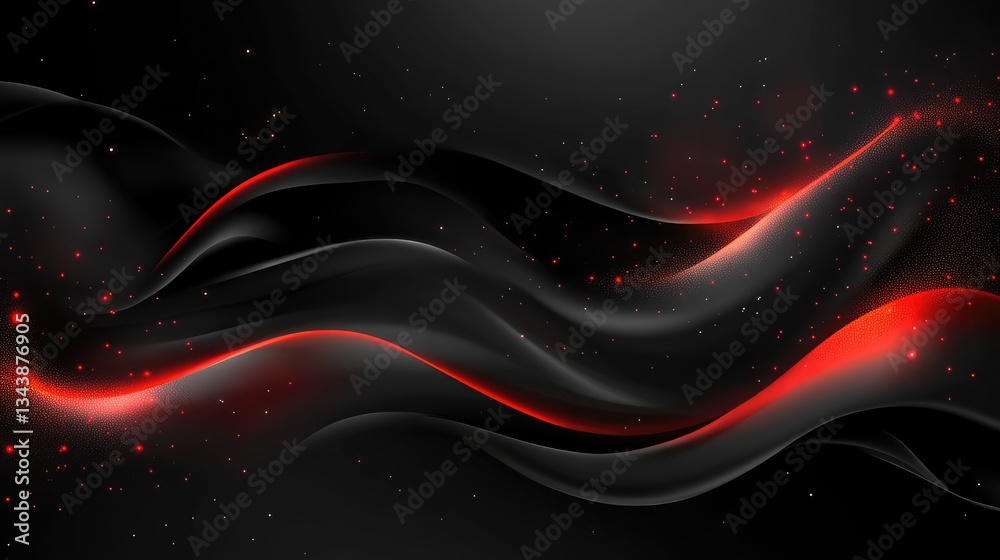 Poster abstract flowing waves of red and black with sparkling particles on a dark background, creating a dy
