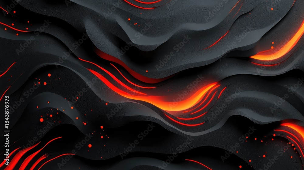 Poster abstract wavy pattern with red and orange highlights on a dark background, creating a dynamic visual