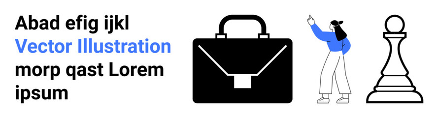 Black briefcase, chess pawn symbolizing strategy, and a character pointing at content. Ideal for business strategy, leadership, education, communication, teamwork, professionalism simple landing