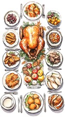 Thanksgiving Feast A Delicious Overhead View of a Traditional Holiday Table Setting.