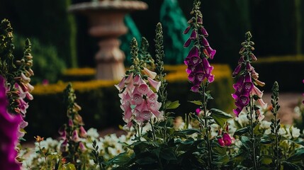 Obraz premium A delicate foxglove plant is captured in a photo, showcasing its tall spikes of tubular bells in shades of purple, white, and pink, all against a blurred green background