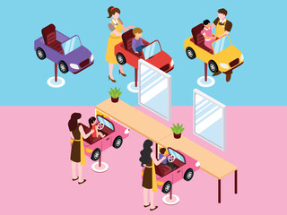 Fototapeta premium Children's Hair Salon with Car-Themed Seats 3d flat vector illustrations