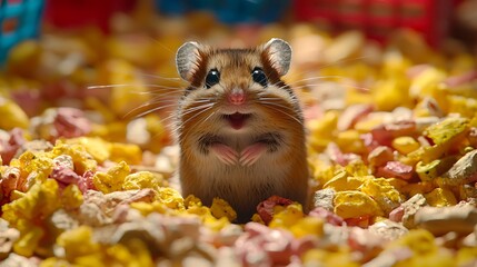 Adorable Hamster Close Up in Yellow and Pink Food