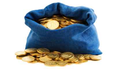 Overflowing blue sack with golden Bitcoin coins on transparent background Concept of cryptocurrency wealth, investment, and digital finance success