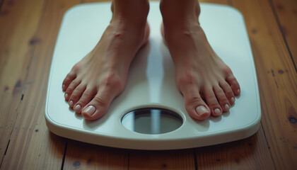 Person weighing themselves on a scale, emphasizing health and wellness, thinness bulimia poverty concept.