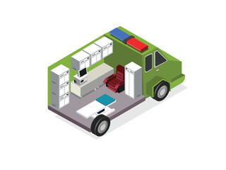 Mobile Medical Unit with Interior Equipment 3d flat vector illustrations