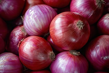 Close-up of fresh, vibrant red onions in a pile.