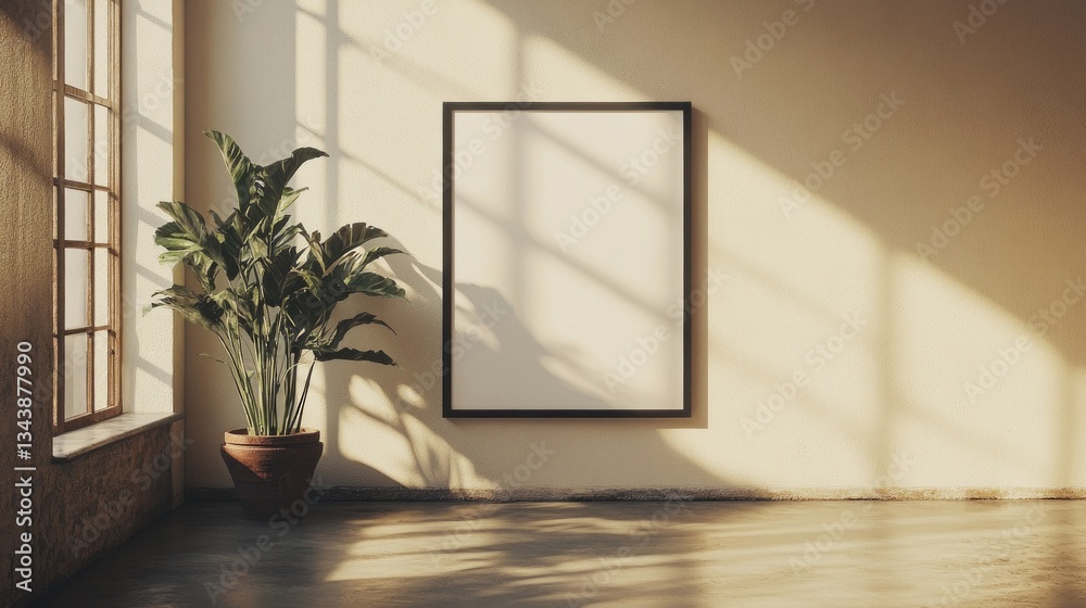 Poster warm sunlight filters through large windows, casting intricate shadows on a minimalist interior. a b